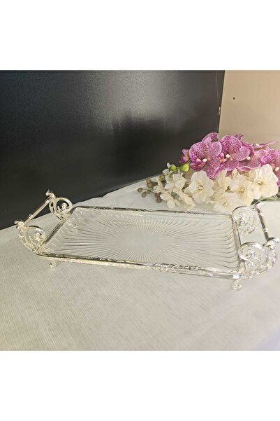 MaviDamla Cast Metal Frame Glass Presentation Plate 37*20 Cm. Silver