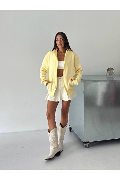 BE CHİC KADIN KAPÜŞONLU FERMUARLI CEPLİ İÇİ POLARLI OVERSİZE SALAŞ DÜZ BASİC SWEATSHİRT G252519