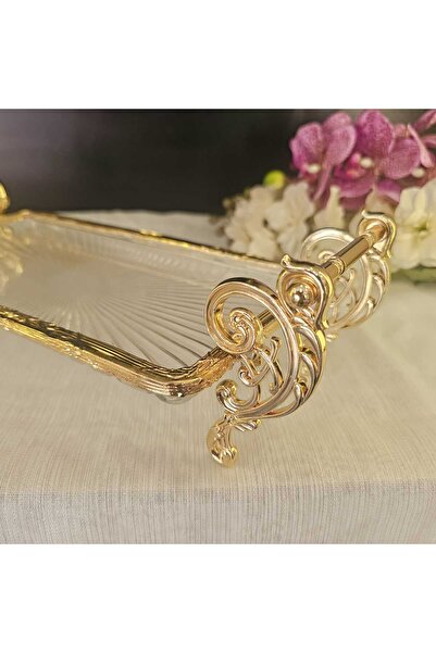 MaviDamla Cast Metal Frame Glass Presentation Plate with Handle 37*20 cm Gold