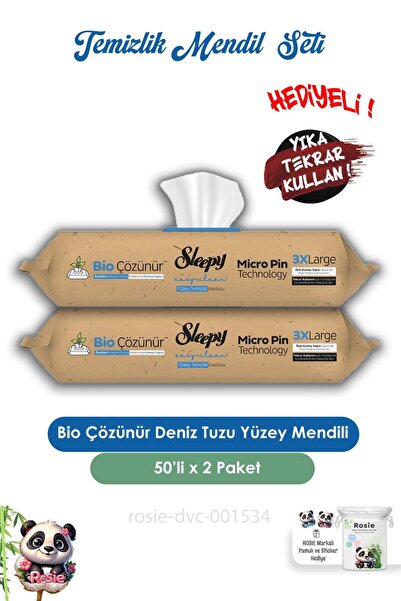 Sleepy 2 Adet Bio Çözünür Yüzey Temizlik Havlusu Deniz Tuzu 50'li ve ROSIE