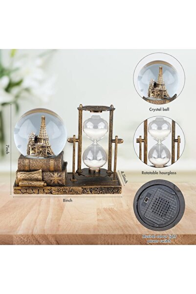 hediyesahibi İsme Özel Kar Küresi ve Kum Saati Dekoratif Biblo – Eiffel Kulesi Tasarımlı, 16x13x8 cm