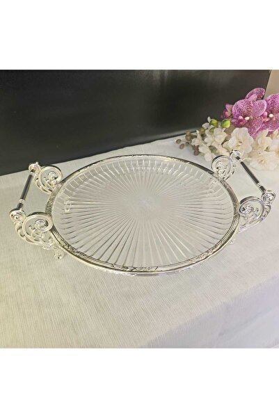 MaviDamla طبق تقديم زجاجي دائري بإطار معدني مصبوب، مقاس 31 سم، لون فضي