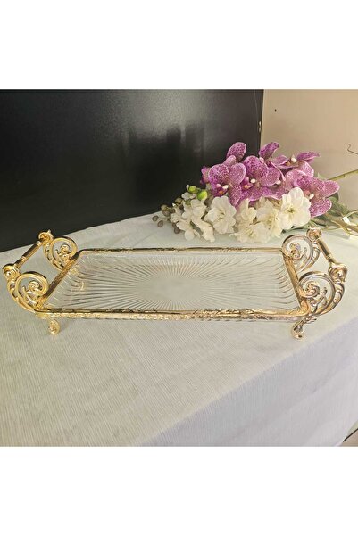 MaviDamla Cast Metal Frame Glass Presentation Plate with Handle 37*20 cm Gold