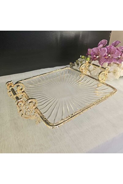 MaviDamla Cast Metal Frame Glass Presentation Plate with Handle 25*25 Square Gold