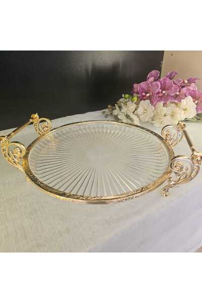 MaviDamla Cast Metal Frame Glass Presentation Plate Round 31 Cm. Gold