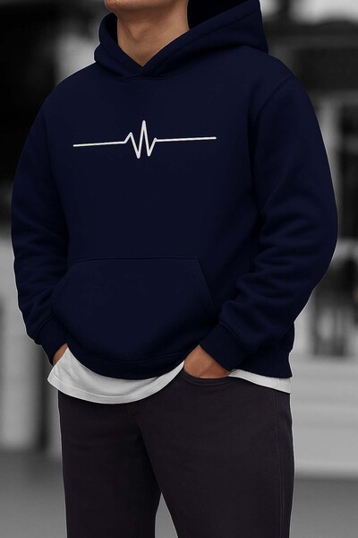 Trend Sizde Hanorac unisex negru cu glugă cu imprimeu pentru ritmul cardiac