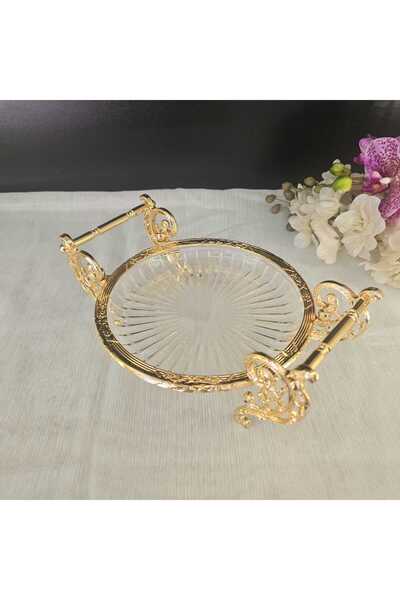 MaviDamla Cast Metal Frame Glass Presentation Plate Round 21.cm Gold