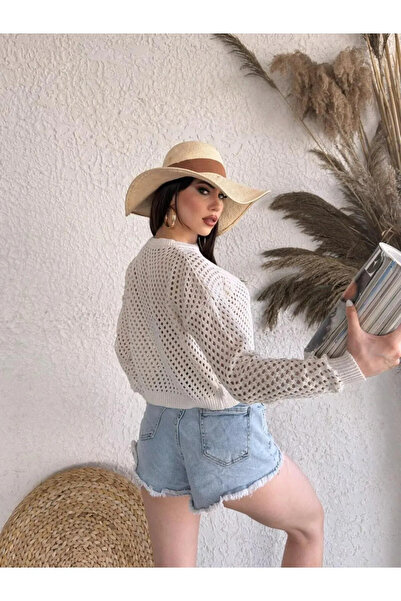 CT STONES Crew Neck Knitwear Perforated Sweater - Cream