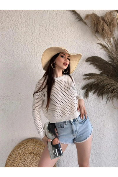 CT STONES Crew Neck Knitwear Perforated Sweater - Cream