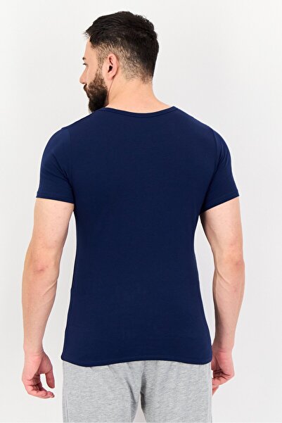 SLOGGI قميص داخلي رجالي من قطعتين برقبة دائرية وأكمام قصيرة وشعار العلامة التجارية، أزرق داكن