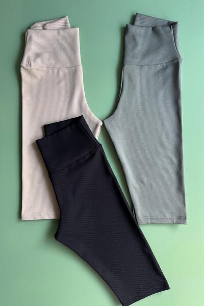 Elosia Form Rise |   2-Pack of Over-The-Knee Green and Cream-Colored High-Waisted Slimming Women's Leggings