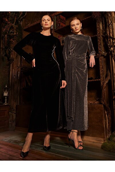 Kayra Stone Detailed Velvet Stylish Dress Black