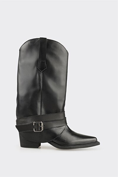 Elle Shoes Siyah Deri Kadın Western Çizme