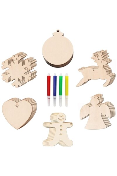 DIY Дървени коледни висулки за оцветяване и рисуване, Коледа с конец, 36 броя