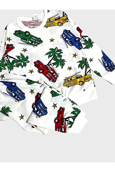 ALİŞ KİDS Boy's Cotton White Car Palm Pattern Long Sleeve Seasonal Pajama Set