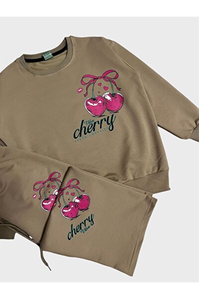 ALİŞ KİDS Σετ φόρμας για κορίτσια από βαμβακερό γαλακτώδες καφέ με μοτίβο κερασιού με μακριά μανίκια και φαρδιά πόδια