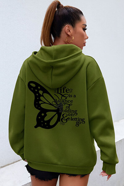 CLASSY.MODA Дамска суитшърт с качулка и принт | Черна пеперуда и текстов мотив Модерен, удобен, ежедневен стил