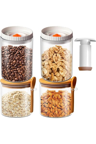 OEM Set 4 food storage containers, 2 with bamboo lid and spoon, 600 ml, 2 vacuum-sealed containers, 900