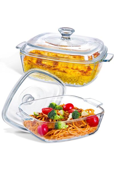 LENND طبق خزفي مع غطاء، أواني طهي زجاجية، أطباق خزفية مربعة 22 سم، زجاج صغير ب