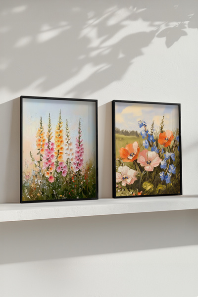 STARYUNA Living Room Painting, Pastel Flower Garden with Black Wooden Frame Double Painting Set Yuna414