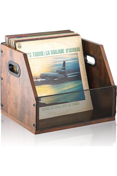 LENND Vinyl Records Storage Crate - Metal & Wood LP Record Holder, Holds up to 60