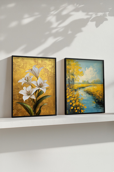 STARYUNA Black Wooden Framed Golden Background Lily and Stream Landscape Double Painting Set Yuna415