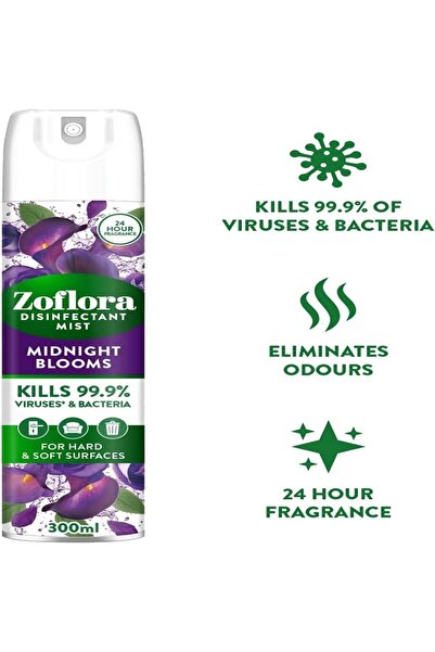 Zoflora Midnight Blooms Disinfectant Mist 300 ml for Instant Germ Protection and Floral Freshness