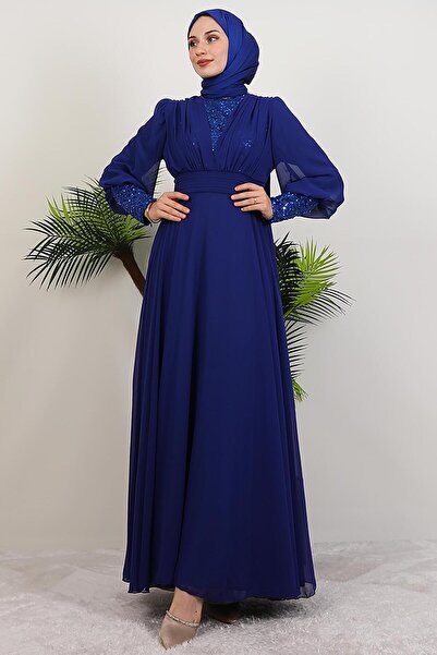 GİYZAMİLA Φόρεμα Roza Detail από σιφόν νυχτερινό μπλε