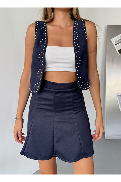 BEJNA Fusta mini elastică în formă de A, din piele artificială, albastru bleumarin pentru femei