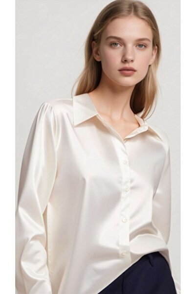 Yasmy Collection Kadın Krem Hafif Dökümlü Saten Yüzeyli Gömlek HL23-YS25