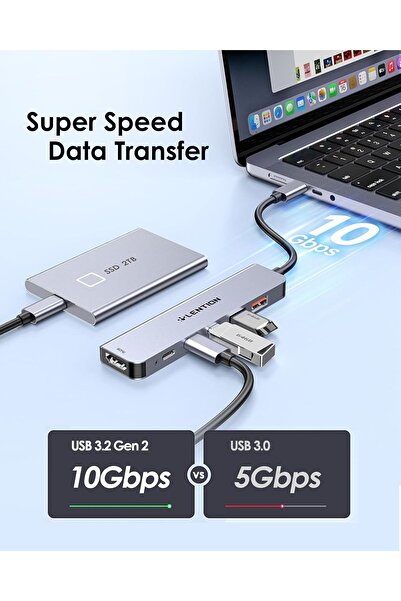 LENTION موزع USB-C (CB-CE37) - 6 في 1، 4K@60Hz HDMI، 10Gbps، 2xUSB-C، 2xUSB-A، 100W PD