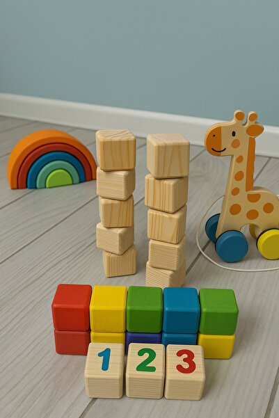 ViraHome Ahşap ve Metal Dekorasyon Doğal Ahşap 12 li Küp Bloklar Oyun Dekor İstifleme Küpleri Etkinlik Küpü Zeka Küpü Boyanabilir Küp