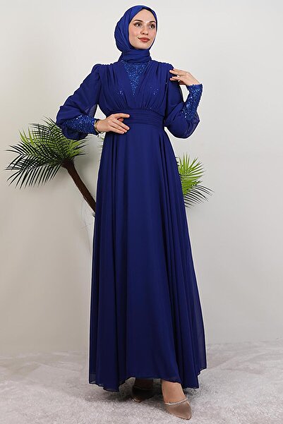 GİYZAMİLA Φόρεμα Roza Detail από σιφόν νυχτερινό μπλε