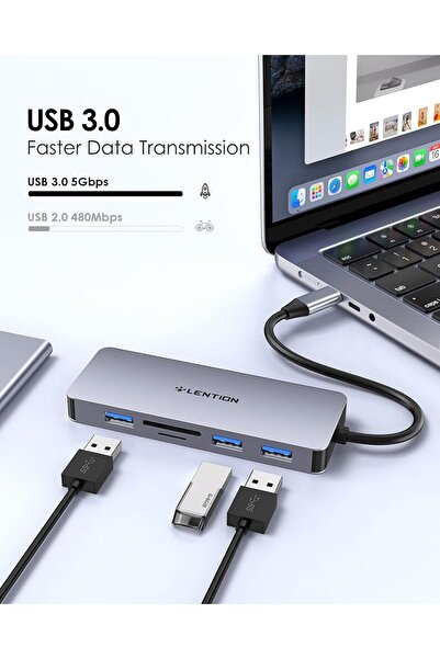 LENTION موزع USB C مع منفذ HDMI بدقة 4K، و3 منافذ USB 3.0، وقارئ بطاقات SD/Micro SD (CB-C18، رمادي فضائي)