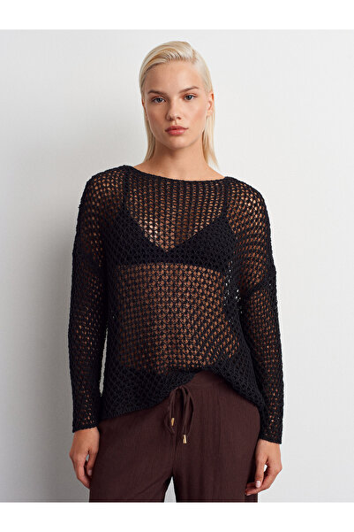 Dilvin 10807 Kayık Yaka Ajurlu Triko Kazak-Siyah
