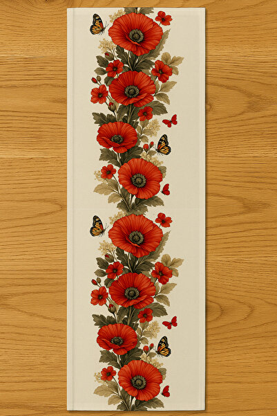 Else Dekor Butterfly Red Flower Patterned Digital Print Washable Decorative Runner 40X140Cm
