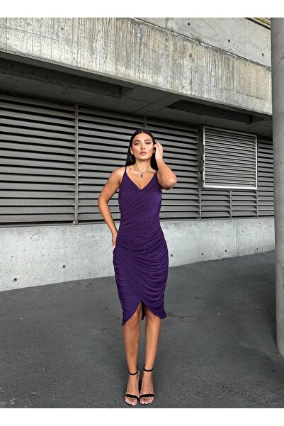 Modafeminen Esnek Sandy Kumaş Büzgü Detaylı Abiye Elbise 583278 MOR