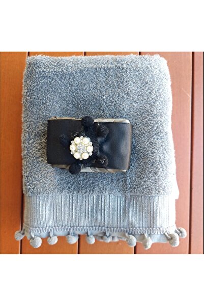 esdekor Stylish Gray Hand Towel with Pearl and Stone Detailing and Black Ribbon Decoration, Suitable as a Gift