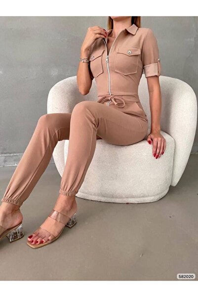 Modafeminen Zippered imported crepe fabric overalls 582020 beige