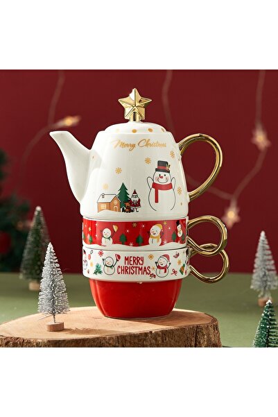 Bibilel Tea Set Bibilel, Christmas Theme - Teapot 450 ml + 2 Cups 250 ml, Ceramic, Snowman, White/Red