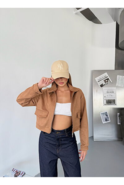 BEJNA Women's Camel Zippered Faux Suede Stretchy Crop Jacket