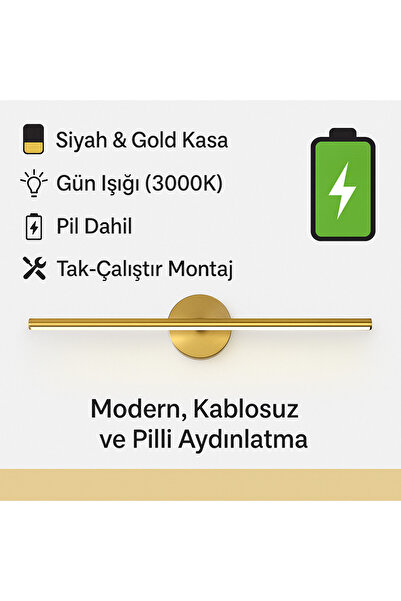 luxshome Modern Kablosuz Tak Çalıştır Ledli Pilli Aplik Banyo Tablo Ayna Aydınlatma Eskitme Gold Pil Dahildir