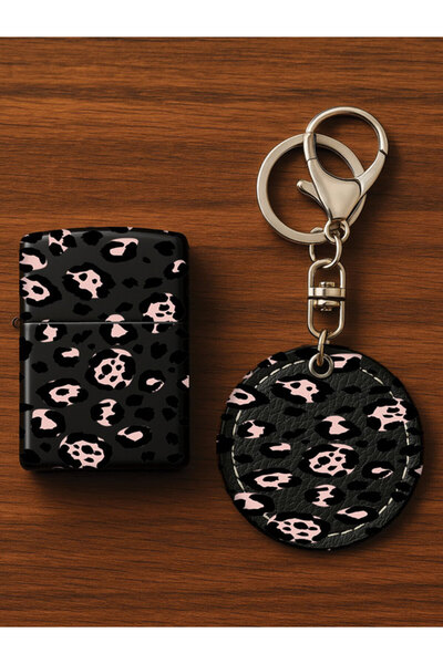 Cekuonline طقم ولاعة معدنية بنزين مطبوعة بنقشة الفهد وسلسلة مفاتيح جلدية فاخرة