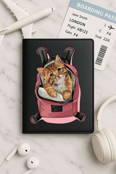 Cekuonline Black Vinyle Leather Passport Cover Case for All Countries' Passports Cat on Vacation