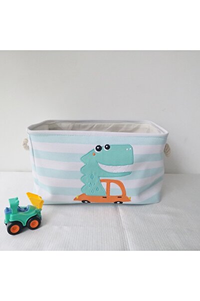 Mixbo Toy Storage Basket with Handle, Dinosaur with Car, Textile, 40 x 28 x 24 cm, White/Blue