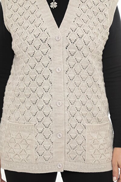 İKSUN Γυναικείο χειμερινό γιλέκο μαμάς με λαιμόκοψη σε σχήμα V από χοντρό μαλλί μοντέλο Baklava με τσέπες με κουμπιά