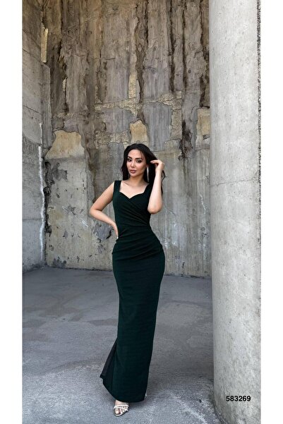 Modafeminen Flowers Esnek Kumaş Omuz Geniş Askılı Pile Detaylı Abiye Elbise 583269 ZÜMRÜT