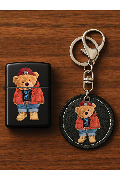 Cekuonline طقم ولاعة معدنية بنزين مطبوعة بنقوش وسلسلة مفاتيح جلدية فاخرة على ...