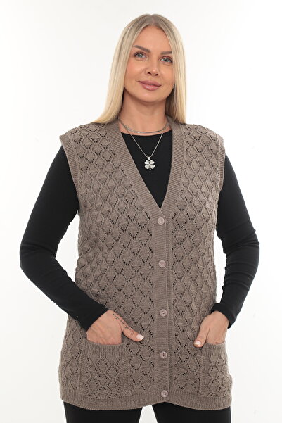 İKSUN Γυναικείο χειμερινό γιλέκο μαμάς με λαιμόκοψη σε σχήμα V από χοντρό μαλλί μοντέλο Baklava με τσέπες με κουμπιά