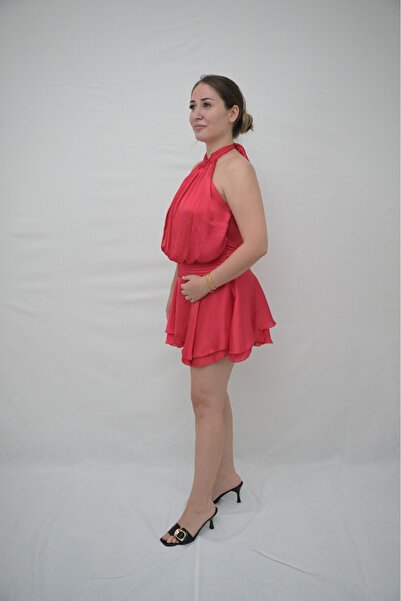 LUNARE BUTİK KIRMIZI HALTER YAKA PİLELİ MİNİ ELBİSE